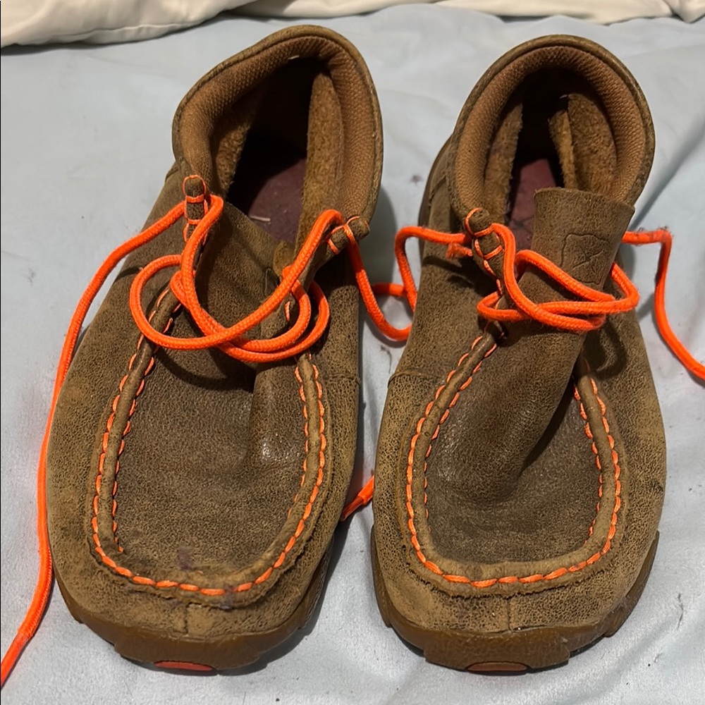 Kids Brown Moccasin Shoes with Orange Laces